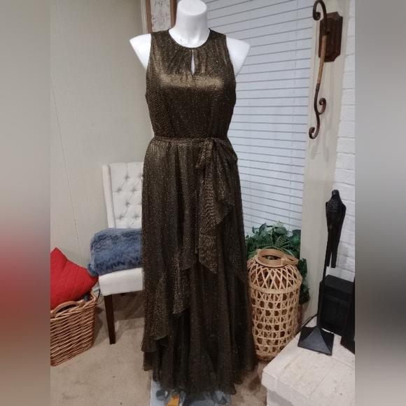 Gold Bronze Metallic Tiered Ruffle Hem Dress Size 16 Shawl Included NWOT - Picture 5 of 14
